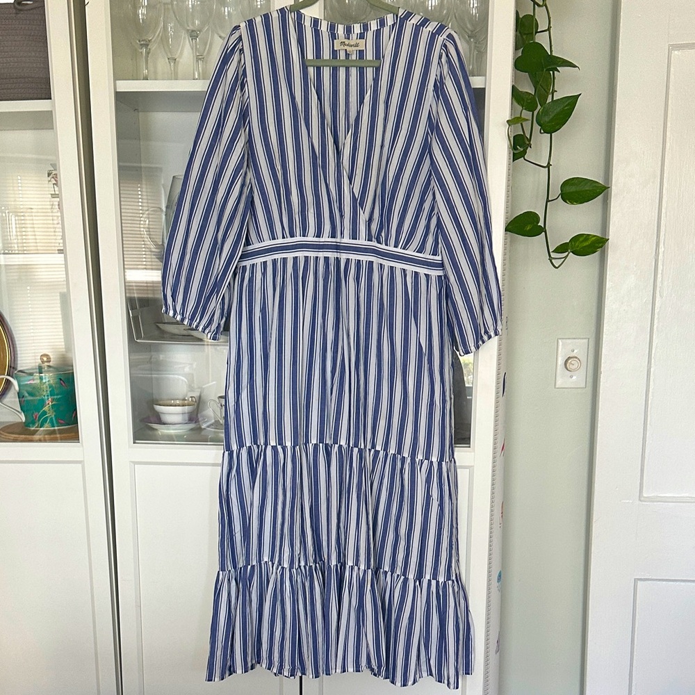 Madewell Blue and White Striped Long Sleeve Tiered Midi Dress